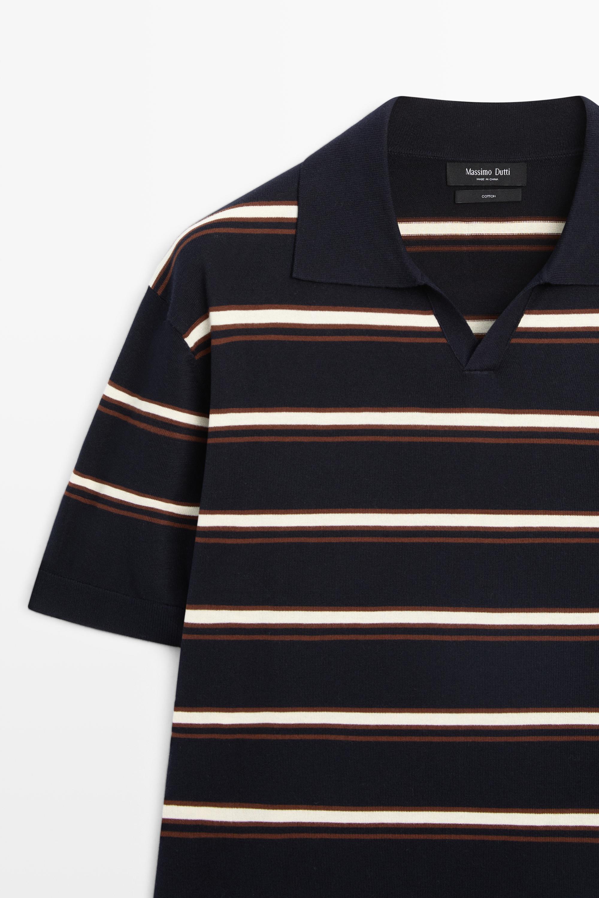 Striped V-neck knit polo shirt